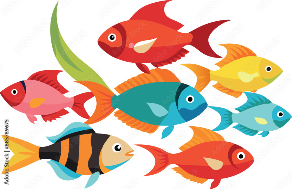 A vibrant vector image depicting a variety of tropical fish in colorful shades, swimming together underwater, perfect for ocean-themed designs. A vibrant vector image depicting a variety of tropical fish in colorful shades, swimming together underwater, perfect for ocean-themed designs.