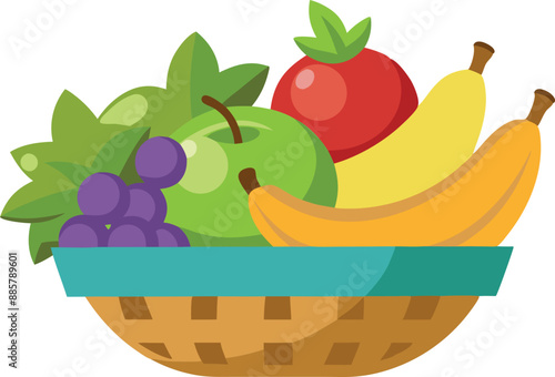 Vibrant fruit basket illustration with bananas, apples, grapes, and other fruits. Perfect for healthy living, nutrition concepts, and food-related designs.