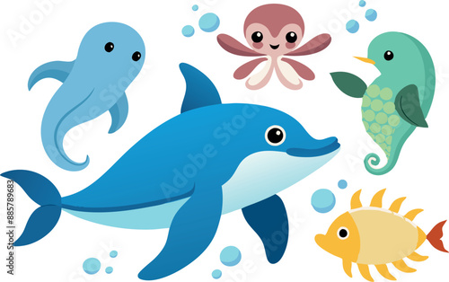 An adorable illustration of various cartoon sea animals like a dolphin, octopus, and fish, surrounded by bubbles. Perfect for children's educational materials or ocean-themed designs.