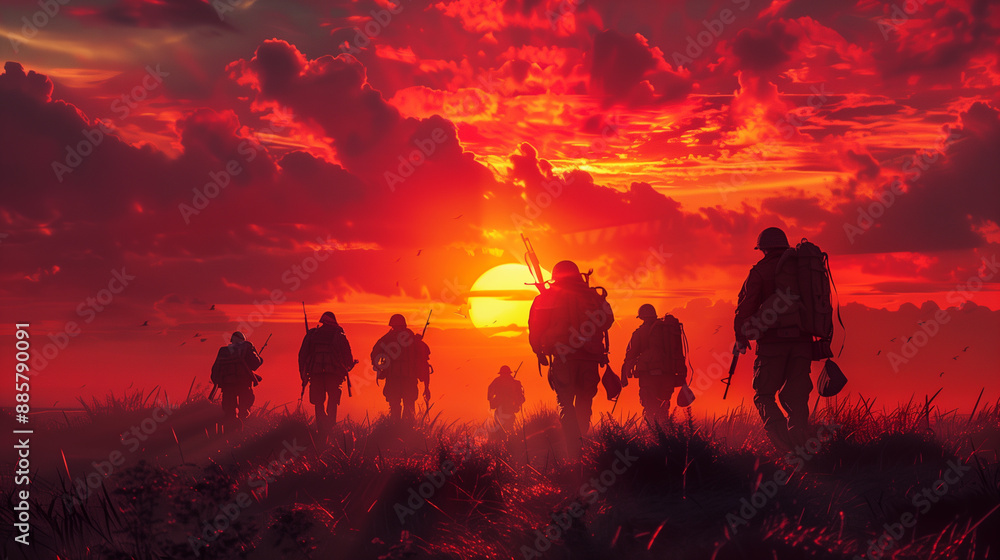 A group of silhouettes of soldiers are walking against the background of the setting sun A group of silhouettes of soldiers are walking against the background of the setting sun