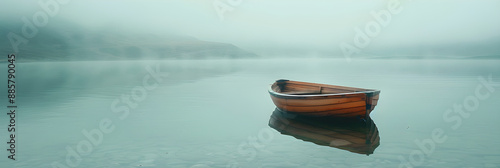 Solitary Drift: A Wooden Boat Floating On A Misty Lake Representing Aimless Journey and Serene Solitude photo