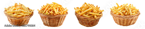 Baskets set of golden crispy French fries, fresh out of the fryer glistening with a hint of oil on transparent background
