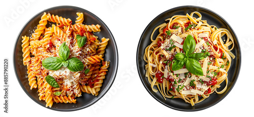 Black Plate of Italian pasta with marinara sauce, fresh basil with Parmesan cheese on transparent background