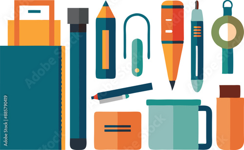 Vector illustration of a variety of office stationery supplies in colorful design including pens, pencils, and other items