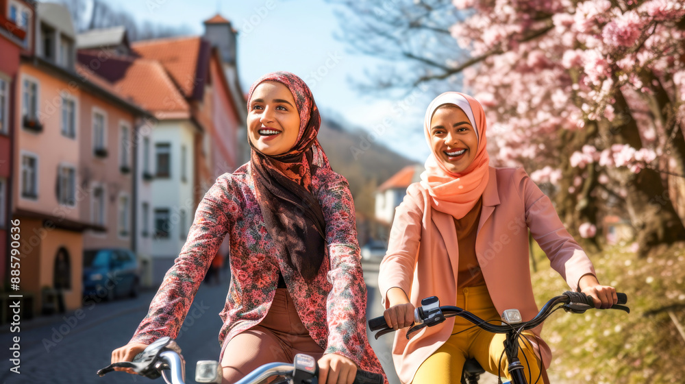 Veiled Muslim women in hijab smiles while cycling with friend on sunny weekend trip. Blooming cherry trees on background. Concept of joyful eco-friendly leisure, sustainable transport and togetherness Veiled Muslim women in hijab smiles while cycling with friend on sunny weekend trip. Blooming cherry trees on background. Concept of joyful eco-friendly leisure, sustainable transport and togetherness