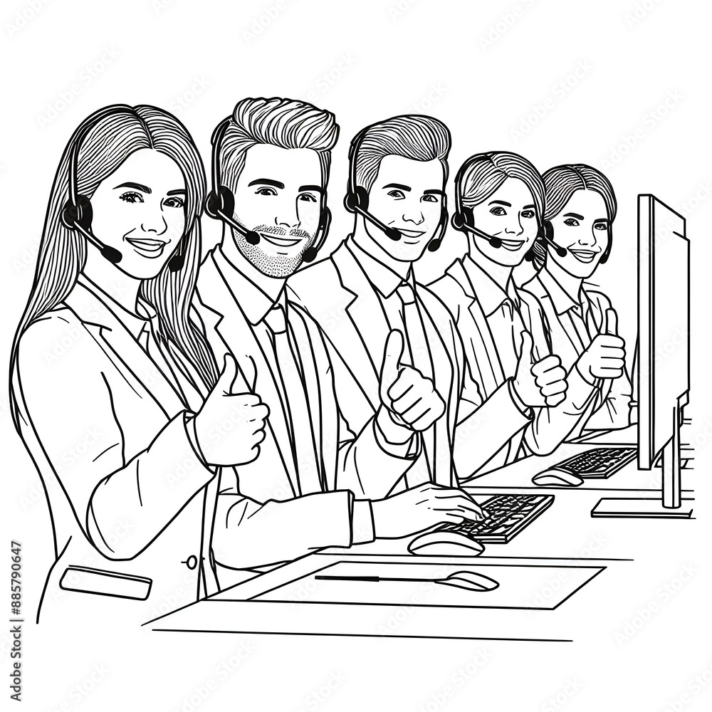 Single Continuous Line Drawing of Young Male and Female Customer Support Representatives Working on Computers, Giving Thumbs Up, Representing Job Satisfaction and Excellent Service. Single Continuous Line Drawing of Young Male and Female Customer Support Representatives Working on Computers, Giving Thumbs Up, Representing Job Satisfaction and Excellent Service.