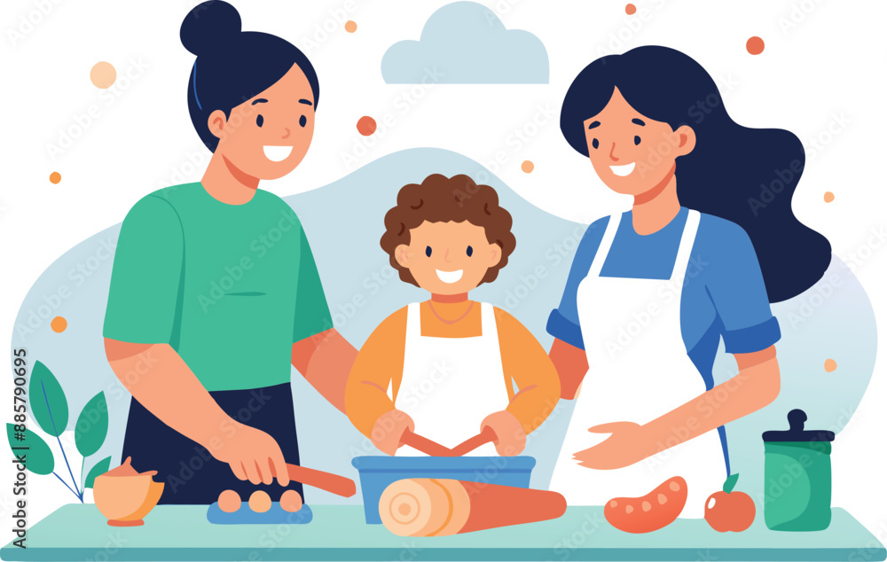 Happy family cooking together in the kitchen, enjoying quality time. Mother, child, and grandmother preparing food while smiling and bonding. Happy family cooking together in the kitchen, enjoying quality time. Mother, child, and grandmother preparing food while smiling and bonding.