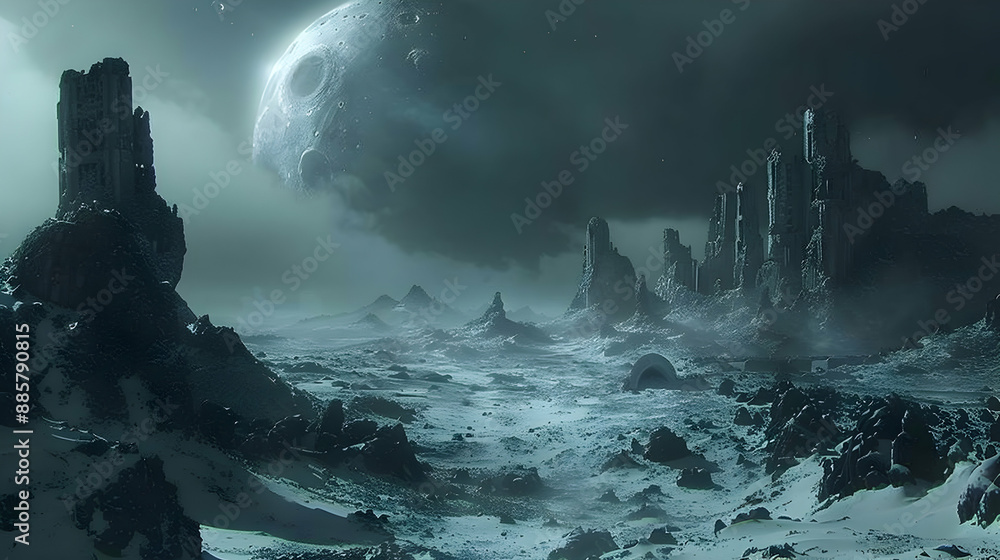 Fototapeta premium A dystopian solar planet with a bleak landscape and remnants of war-torn structures