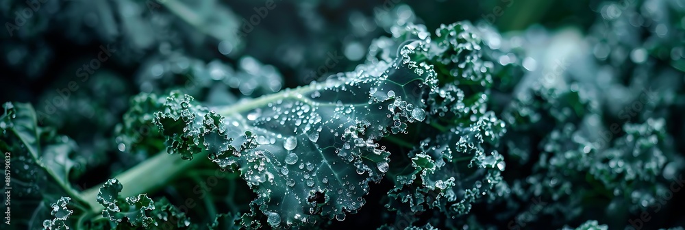 Close-up Macro Photography of Dew Drops on Kale Leaves, Green Plant, Fresh, Water Drops Close-up Macro Photography of Dew Drops on Kale Leaves, Green Plant, Fresh, Water Drops