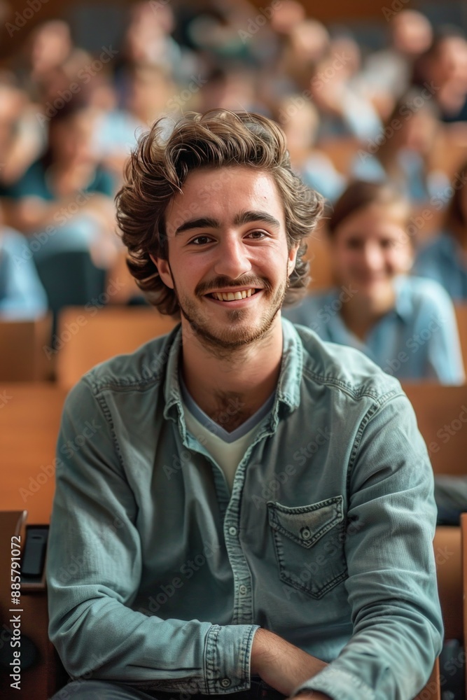 Fototapeta premium Cheerful portrait of French Caucasian university male student in college lecture