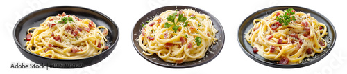 Black Plate of Italian pasta carbonara with creamy sauce crispy pancetta and grated Parmesan cheese on transparent background
