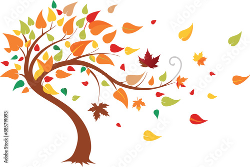 Illustration of a colorful autumn tree with vibrant falling leaves blown by the wind