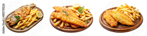 Golden fried fish served with a side of crispy fries on a rustic wooden plate on transparent background