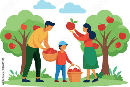 Illustration of a family harvesting apples in an orchard, emphasizing togetherness, nature, and outdoor activities on a sunny day.