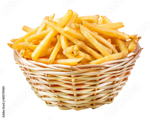 Basket of golden crispy French fries, fresh out of the fryer on transparent background