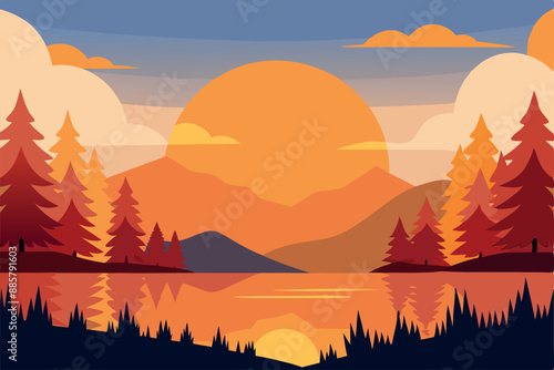 Beautiful illustration of a peaceful sunset over a lake with mountains and pine trees in warm autumn hues