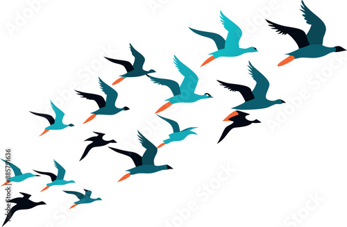 Colorful vector illustration depicting a flock of birds flying in formation, emphasizing themes of unity, freedom, and movement.