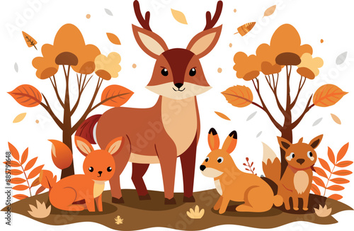 Adorable illustration of woodland animals in an autumn forest, including a deer, fox, and rabbit, surrounded by colorful trees and leaves.