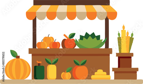 Flat illustration of a colorful market stall featuring fresh pumpkins and various vegetables, ideal for autumn or harvest concepts.
