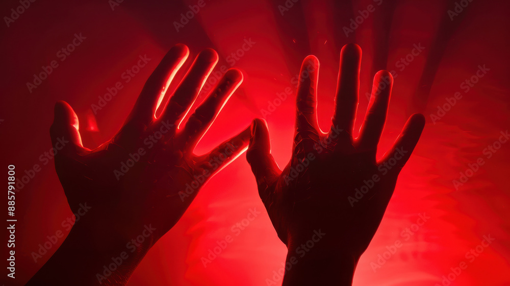A photograph of hands pressed against a translucent surface, fingers spread wide, bathed in a deep red glow with shadows creating a creepy, mysterious effect A photograph of hands pressed against a translucent surface, fingers spread wide, bathed in a deep red glow with shadows creating a creepy, mysterious effect