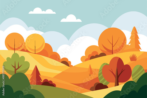 Vector illustration of a vibrant autumn landscape featuring hills, colorful trees, and cloudy sky.