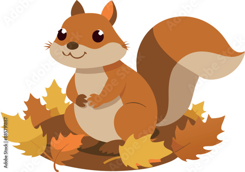 Adorable cartoon squirrel sitting among colorful autumn leaves in a playful forest setting. Perfect for children's illustrations and autumn-themed designs.