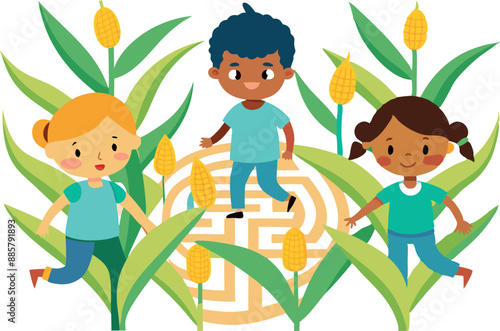 Illustration of children playing in a cornfield with a maze, showing happy kids enjoying outdoor activities and fun in nature.