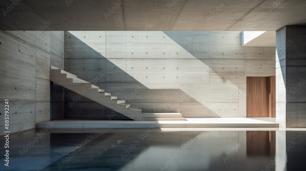 Fototapeta premium abstract 3d render of a stair of brutalism concrete architecture shows the lines of shadow from the window lighting and shade frames