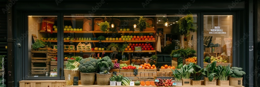 Storefront of organic vegetables and fruits shop, bio products display emphasizes natural Storefront of organic vegetables and fruits shop, bio products display emphasizes natural