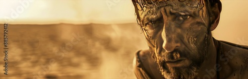 Man adapted arid desert life, weathered face shows survival amidst harsh landscape