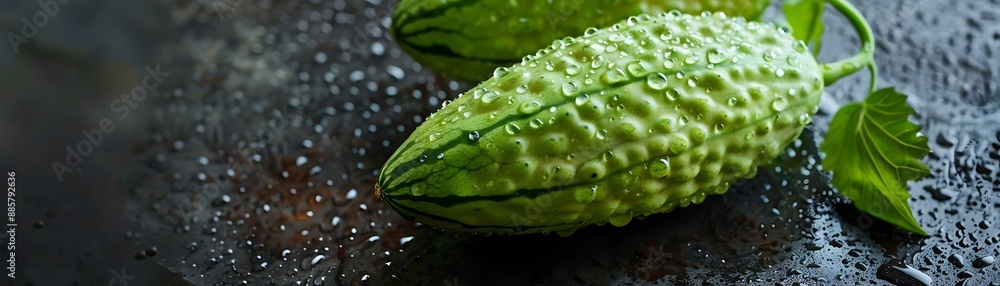 Close Up of Green Bitter Melon with Water Droplets - Realistic Photo Close Up of Green Bitter Melon with Water Droplets - Realistic Photo