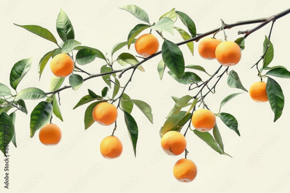 Fresh oranges hang from a tree branch, ideal for food or decoration use Fresh oranges hang from a tree branch, ideal for food or decoration use