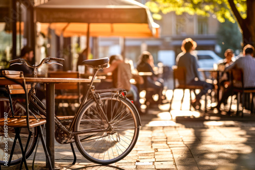 Bicycle is parked beside a table at outdoor cafe in a sunny afternoon. In the background, people are sitting at tables, enjoying their time. Concept of urban lifestyle, leisure, and outdoor activity photo