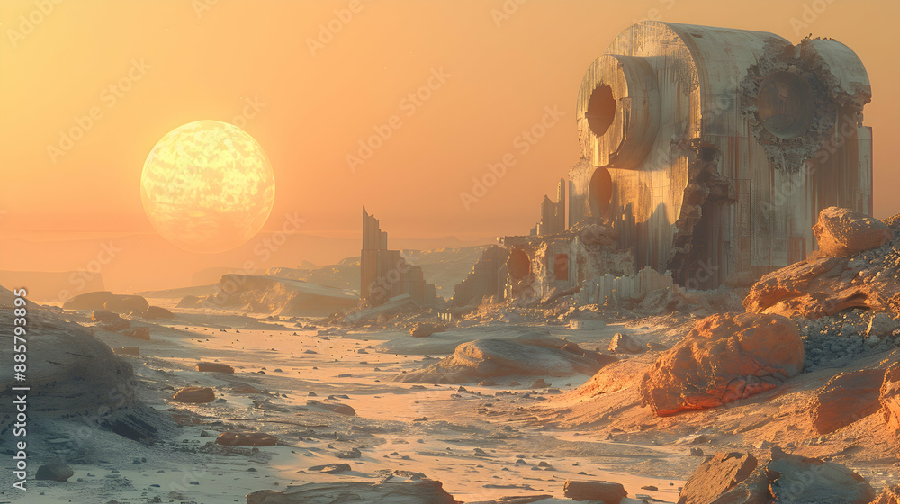 A dystopian solar planet with ruins of a once-great civilization and a ...
