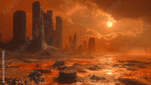  A dystopian solar planet with ruins of a once-great civilization and a dim sun