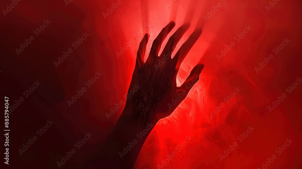 A photograph of a single hand pressed against a foggy, translucent surface, silhouetted in an intense red light, with visible fingerprints and creases A photograph of a single hand pressed against a foggy, translucent surface, silhouetted in an intense red light, with visible fingerprints and creases