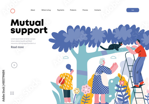 Mutual Support: Rescue cat from tree -modern flat vector concept illustration of elderly woman and man on a ladder under the tree Metaphor of voluntary, collaborative exchanges of resource, services