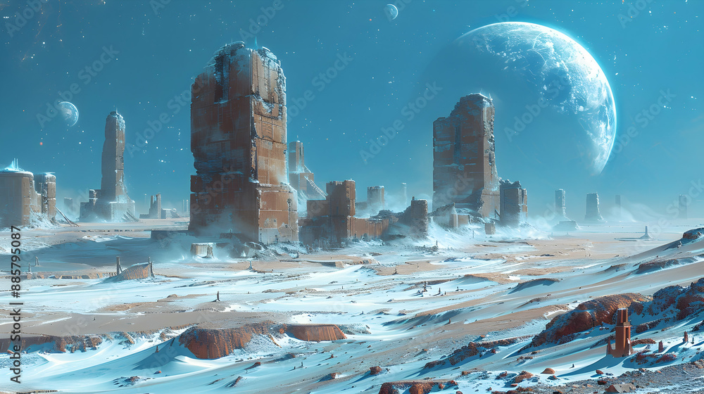 A dystopian solar planet with towering structures of an ancient ...