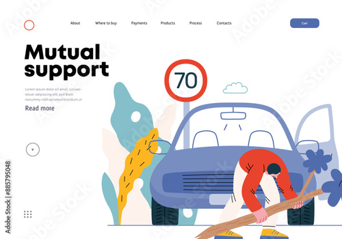 Mutual Support: Clearing an obstacle from the way -modern flat vector concept illustration of a man removing a fallen branch from the road A metaphor of voluntary, collaborative exchanges of services