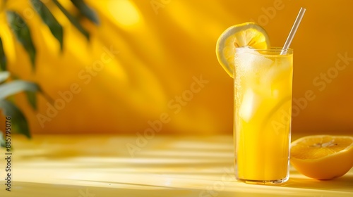 Yellow Summer Drink on a yellow Background with Sunlight and Shadows