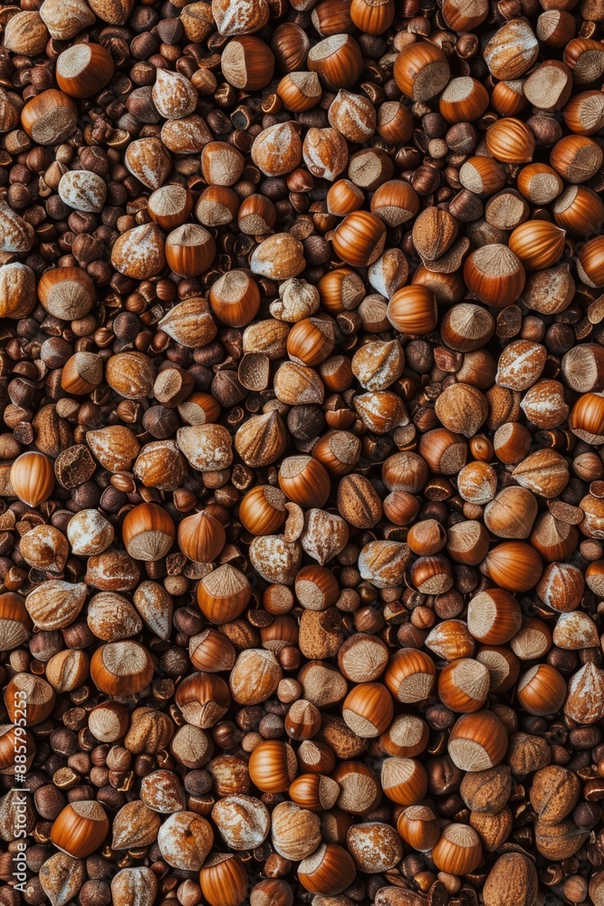 A pile of nuts sits on top of a pile of coffee beans, perfect for a rustic or nature-inspired setting A pile of nuts sits on top of a pile of coffee beans, perfect for a rustic or nature-inspired setting