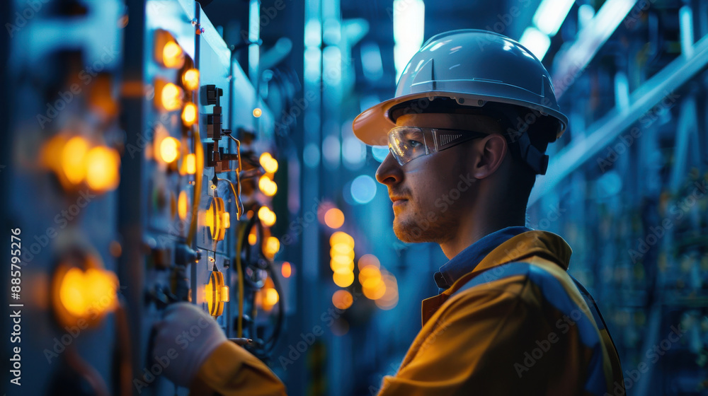 Engineer in a hard hat and safety glasses operating a control panel in a brightly lit factory, focusing on technology and industry. Engineer in a hard hat and safety glasses operating a control panel in a brightly lit factory, focusing on technology and industry.