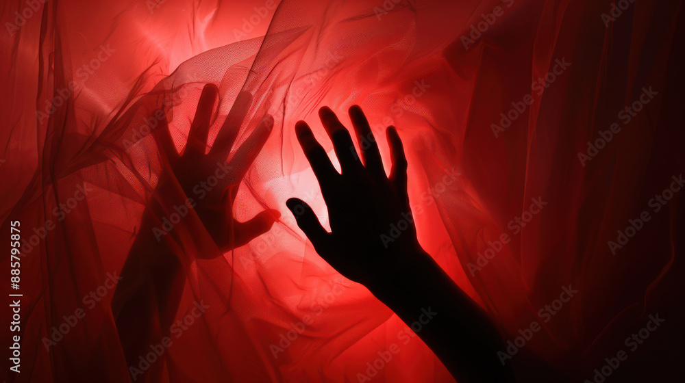 A photograph of hands pressed against a translucent surface, silhouetted in an eerie, dark red light, fingers spread out and creating a haunting, ghostly impression A photograph of hands pressed against a translucent surface, silhouetted in an eerie, dark red light, fingers spread out and creating a haunting, ghostly impression