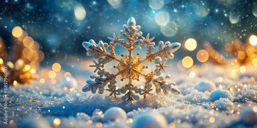 Delicate heart-shaped snowflake with soft bokeh effect amidst gently falling blue and gold frozen crystals, evoking luxurious, magical, and romantic winter wonderland ambiance. Delicate heart-shaped snowflake with soft bokeh effect amidst gently falling blue and gold frozen crystals, evoking luxurious, magical, and romantic winter wonderland ambiance.