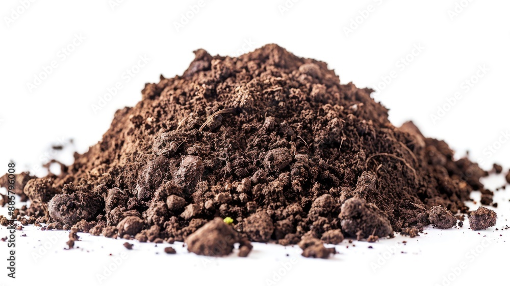 A pile of dirt sits on top of a white surface, with no surrounding context A pile of dirt sits on top of a white surface, with no surrounding context
