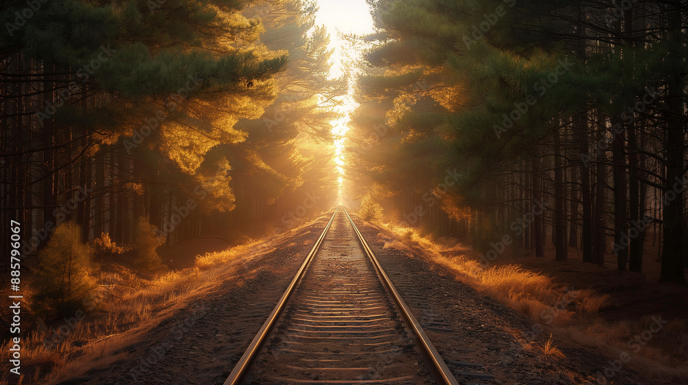 Naklejka premium In the distance, a train can be seen approaching, its headlights illuminating the path ahead. The overall ambiance of the image is tranquil and evokes a sense of journey and exploration