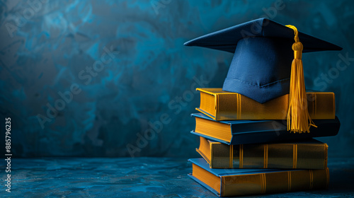 Graduation cap on the stack of blue and golden yellow books isolated in blue background with copyspace