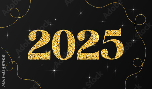 2025 Glitter golden numbers. Shiny 2025 New Year glowing digits isolated on black background