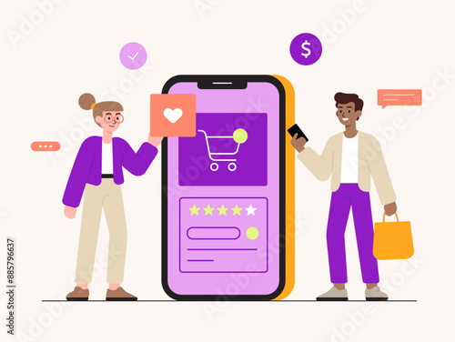 Modern E-commerce Mobile App Illustration with Shopping Cart and User Interaction