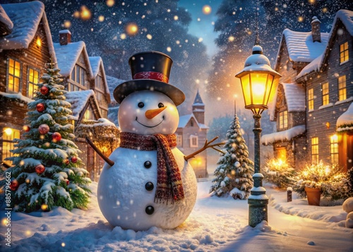 Joyful snowman with bright carrot nose and coal eyes stands amidst snow-covered buildings and twinkling streetlights in a magical winter wonderland scene. photo